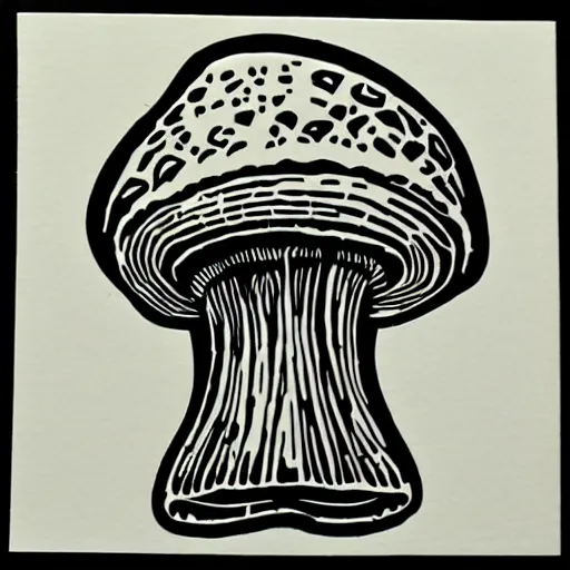 Image similar to a linocut engraving of an intelligent mushroom