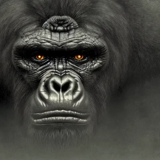 Image similar to gorilla, dark souls style, by zdzisław Beksiński, by Mike Winkelmann