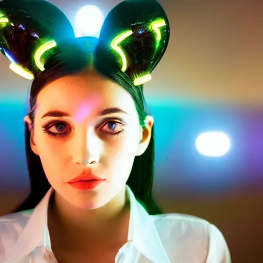 Image similar to cute young woman with robot ears and eyes, 4k, sharp focus, neon colored fluorescent lighting, René Laloux