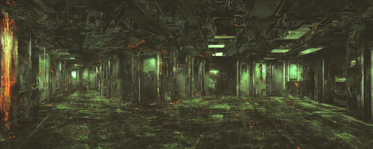 Prompt: Film still of a dimly lit corridor on an alien space ship, dark matte metal, floor grills, ventilation shafts, dusty, orange and red lighting, burning fire, water dripping, puddles, wet floor, rust, decay, green vines, overgrown, tropical, tilted camera angle, wide-angle lens vanishing point, year 3000, Cinestill colour cinematography, anamorphic