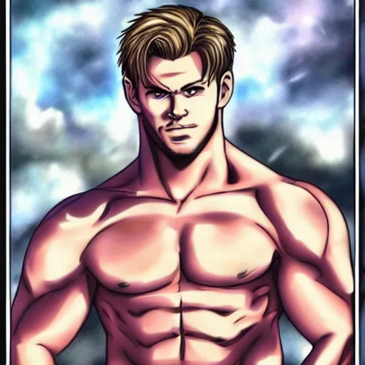 Image similar to Chris Hemsworth with a muscular body type, anime art, anime style