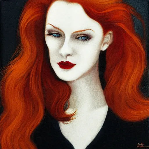 Image similar to portrait of a redhead woman by witkacy, mixed technique