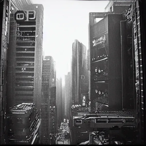 Image similar to go pro camera photo of a cyberpunk dystopian city with sunshaft and dramatic lighting, Fuji Neopan Acros 100 Film