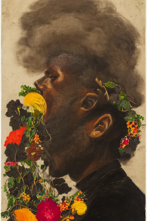 Prompt: a black young man's face in profile, with a guitar made of flowers and fruit, in the style of the Dutch masters and Alec Soth, dark and moody