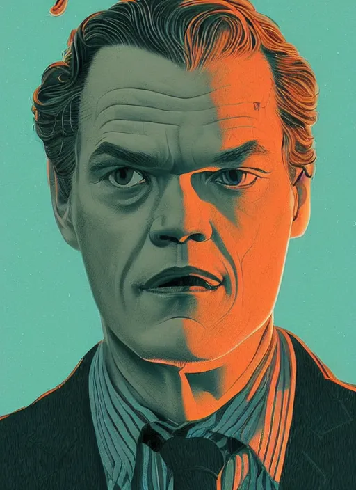 Image similar to Twin Peaks poster artwork by Michael Whelan and Tomer Hanuka, Karol Bak of portrait of Michael Shannon!! the local mechanic clerk discovering aliens, from Twin Peaks, clean, simple illustration, nostalgic, domestic, full of details