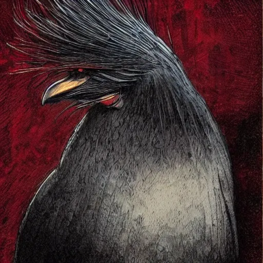 Prompt: a majestic chonky! black chicken with royal 'red!!! comb!!!', colored ultra-detailed pen and ink illustration, matte painting, modern concept art, impossible fine lines and details, divine background, by John Kenn Mortensen