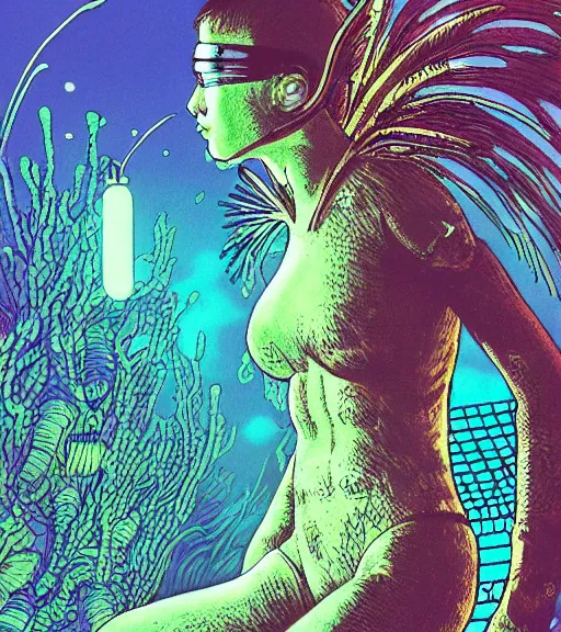 Image similar to a cyberpunk diver Polynesian woman swims through a dark bioluminescent alien coral reef, techwear, Industrial Scifi, detailed illustration, character portrait, by Martin Grip and Moebius