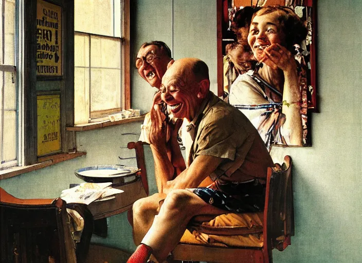Image similar to a laughing man sitting by the window, a slim woman in the background, norman rockwell