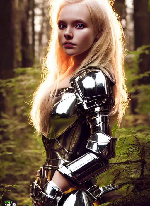 Prompt: photo of a cute blonde girl in dark forest wearing shiny plastic armor, realistic, sharp focus, 8 k high definition, insanely detailed, intricate, elegant, artgerm, greg kutkowski, high contrast dramatic lighting