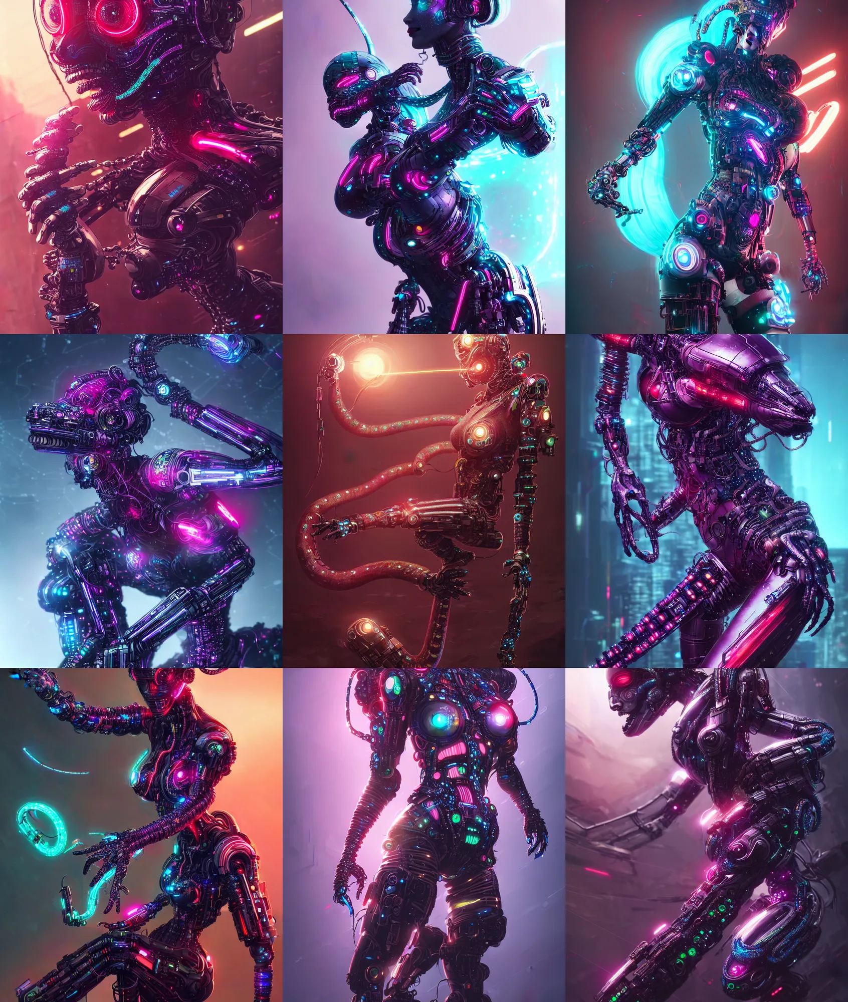 Prompt: ultra detailed stunning battle pose of an animatronic cybernetic serpent woman, cyberpunk concept art by wlop, xsullo, colorful, front view, 8k, coherent, akira vibes, uplifting, coherent, artgerm, uplifting, unreal engine, magical composition, artstation