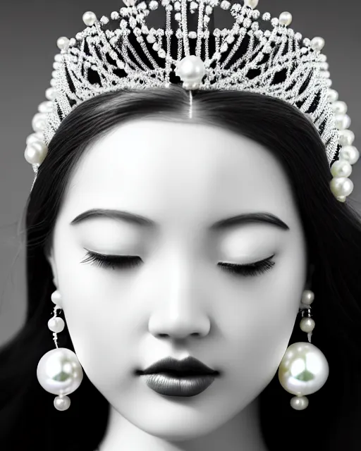 Image similar to black and white dreamy young beautiful crowned female artificial intelligence, realistic pearl ornament in the face, long hair are intricate with highly detailed realistic pearls, cinematic, rim light, bokeh, photo - realistic, elegant, high detail, 8 k, masterpiece, photo taken in 1 9 3 0