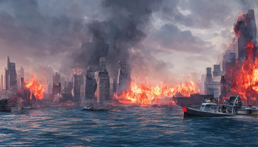 Prompt: Movie scene of people on a boat watching New York city burning far away, hyperdetailed, artstation, cgsociety, 8k