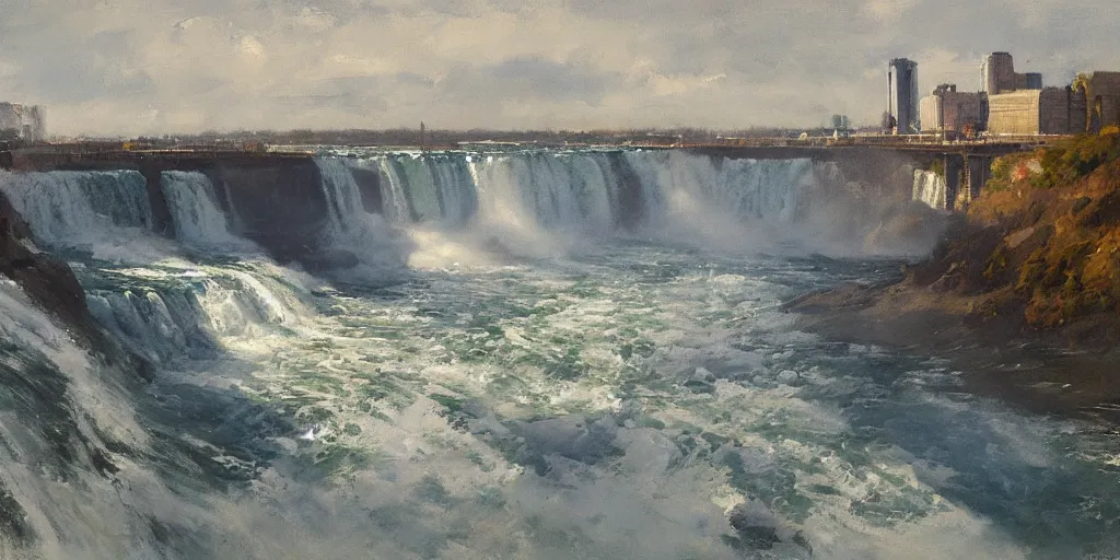 Prompt: painting of niagara falls by richard schmid, alla prima, loose gestural painterly, jeremy mann, greg manchess