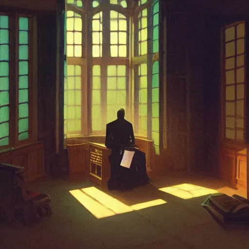 Prompt: Inside an immense fantasy library, sunlight pours through windows onto wooden floor, wizard sits reading at a desk, Studio Ghibli, Greg Rutkowski, Edward Hopper