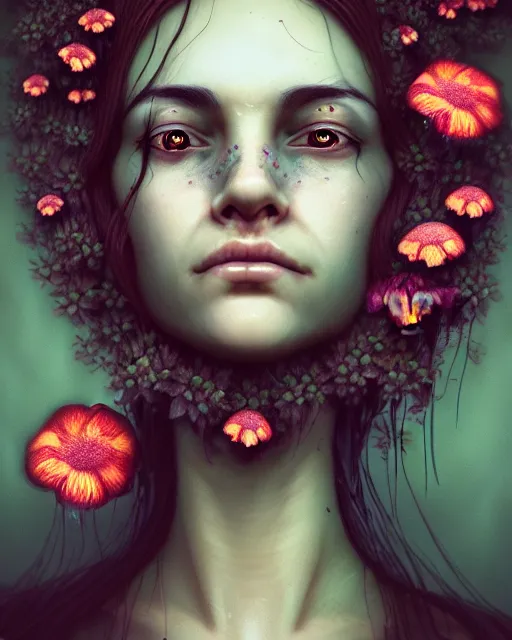 Image similar to a digital horror portrait of a beautiful sad woman with flowers and fungus growing out of her head and petals dripping from her eyes, intricate, sharp focus, digital illustration, highly detailed, octane render, digital painting, matte, art by professional artist