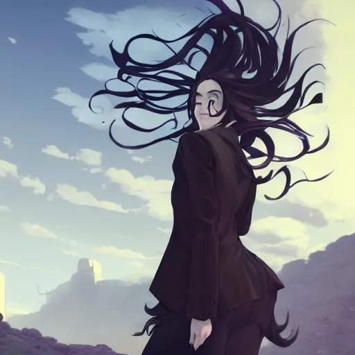 Image similar to low - angle shot from behind of a long blue - haired girl in a tailcoat overlooking noxus, noir, screenshot, sharp focus, intricate, illustration, cell shaded, digital painting, highly detailed, straight hair, art by ilya kuvshinov, wlop, greg rutkowski, studio quality, james jean