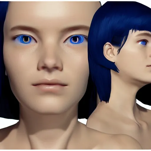 Image similar to « portrait, attractive, blue eyes, black hair, middle length hair, ghost in the shell, front view, unreal engine 5 »