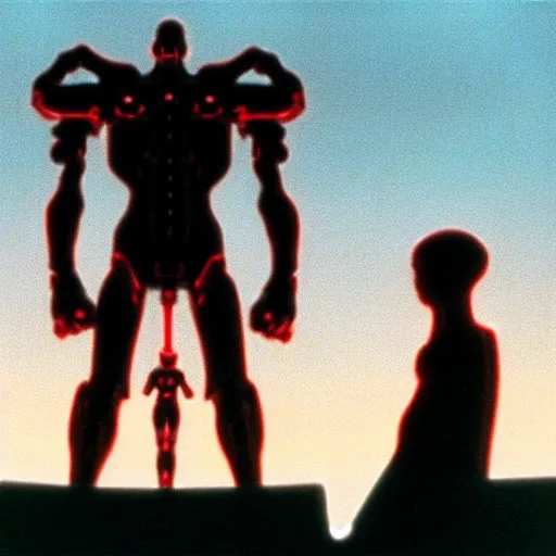 Image similar to movie still of a cyborg evangelion, cinematic composition, cinematic light, warm lighting criterion collection, by edgar allan poe