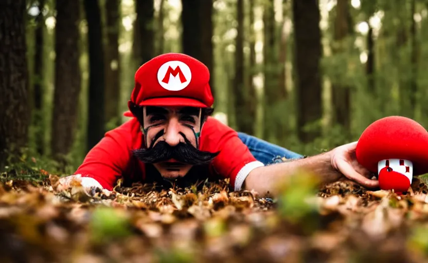 Image similar to italian man with a mustache dressed as mario wearing a solid red mario hat, crawling on the ground, eyes rolled back, licking a red mushroom with white spots, in a forest, photography, 5 0 mm lens, f 1. 8