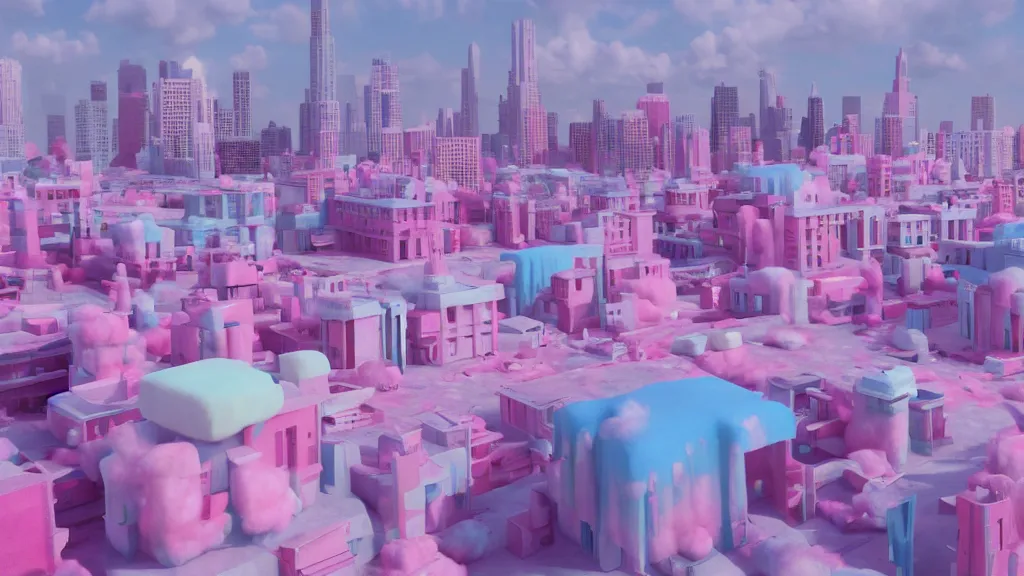 Image similar to a city made of cotton candy, octane render, 8 k, photorealistic