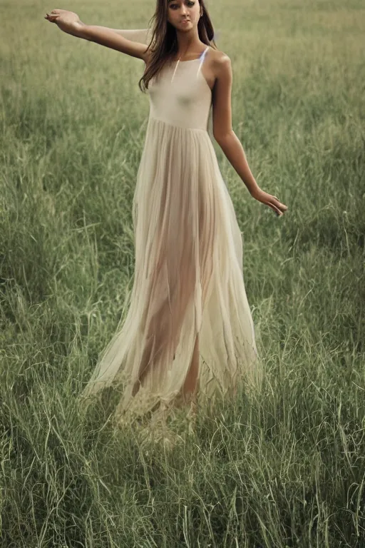 Prompt: Jessica Alba teen ethereal dress in grass, photo by alessio albi, modern hi res photography, candid, Skin like Jessica Alba, full body female, film grain, modern photography,