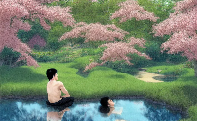 Prompt: pink haired young asian man backlit staring at black haired young asian man from across a pond, by alan lee, muted colors, springtime, colorful flowers & foliage in full bloom, sunlight filtering through trees & skin, digital art, art station cfg _ scale 9