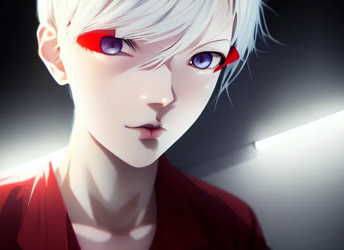 Image similar to anime visual, portrait of a white haired red eyed young girl in dark room, by ilya kuvshinov, yoshinari yoh, makoto shinkai, katsura masakazu, dynamic perspective pose, detailed facial features, kyoani, rounded eyes, crisp and sharp, cel shad, anime poster, ambient light