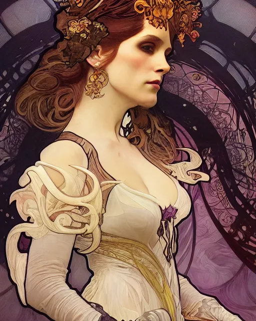 Prompt: alfons mucha and wlop detailed portrait digital rococo painting of a beautiful serious villainess wearing fantasy clothing like liliana vess, villainess has black angel wings, evil mood, hellish battlefield in the background, unreal engine, embers flying, hyper realism, realistic shading, cinematic composition, blender render, octane render, ultrawide shot