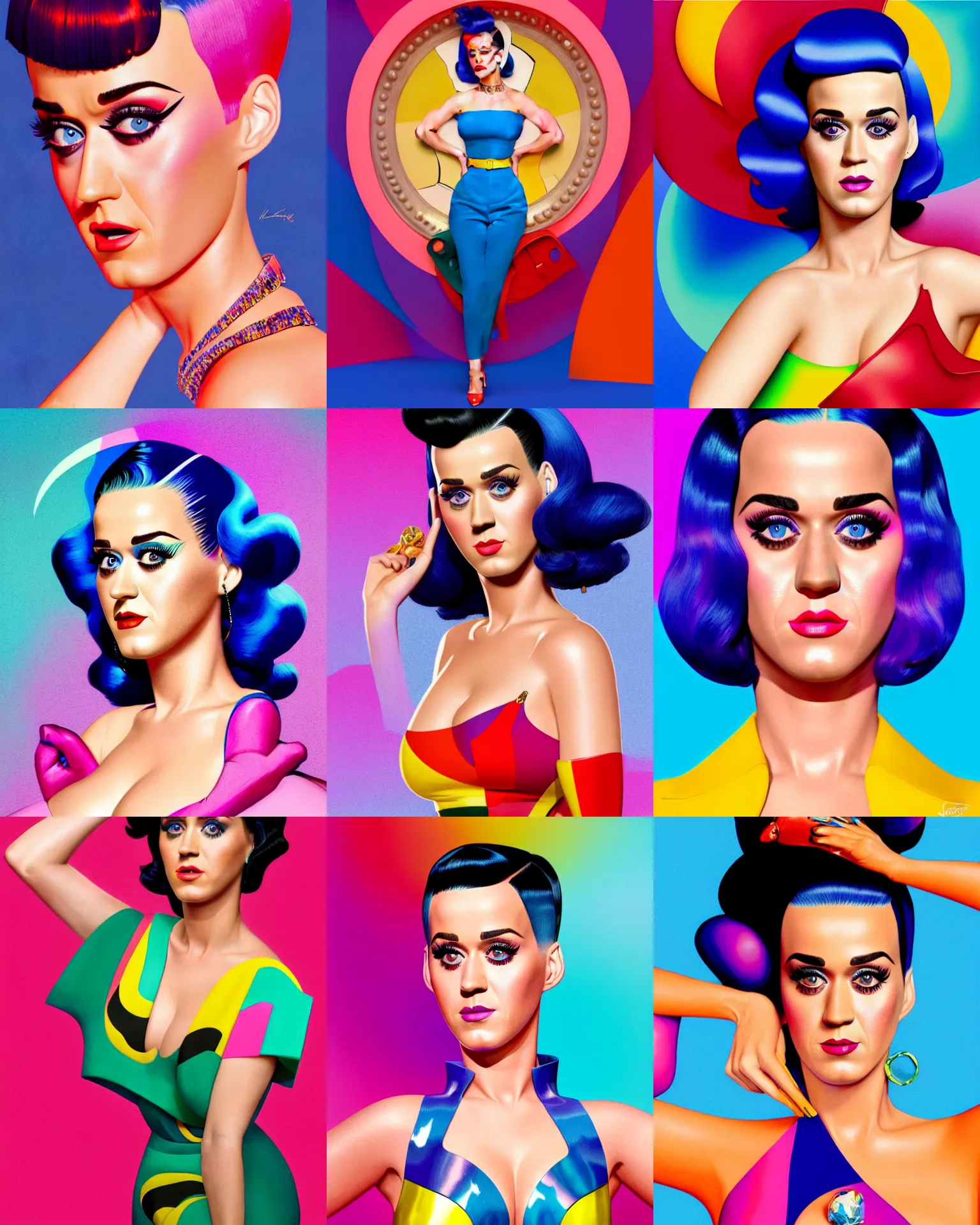 Prompt: stunning 3 d render of katy perry looking at you, wearing an abstract outfit, illustrated by norman rockwell and jc leyendecker, sharp thick lines, vivid colors, soft vignette, 8 k octane render, hd blender render, post - processing, masterpiece, god rays, subsurface scattering