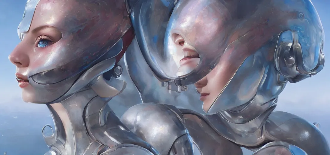 Image similar to face of a cute alien girl wearing shiny plastic armor in the style of roger dean and alberto vargas and stefan kostic, realistic, sharp focus, 8 k high definition, insanely detailed, intricate, elegant, art by greg rutkowski and artgerm, extreme blur coral reef background