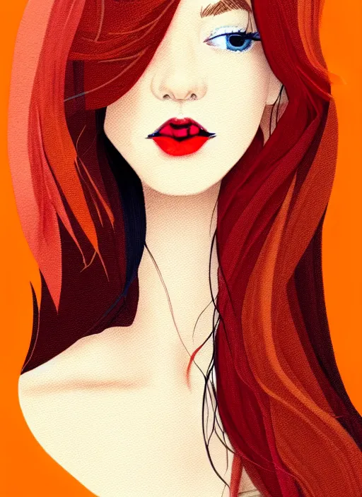 Image similar to colorful drawing of a young white woman with brown hair and scarlet lips, happy and cartoonish background, by tokenin, by glitchedpuppet, gradient orange, black, cream, brown and white color scheme, trending in artstation, award winning illustration