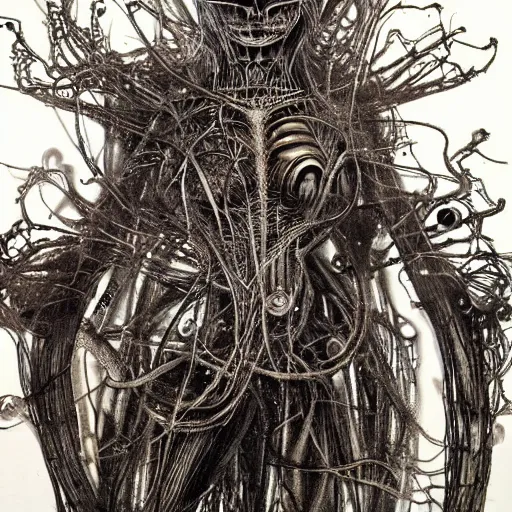 Image similar to organic android portrait by Yoshitaka Amano and HR Giger, very detailed, spooky, liminal