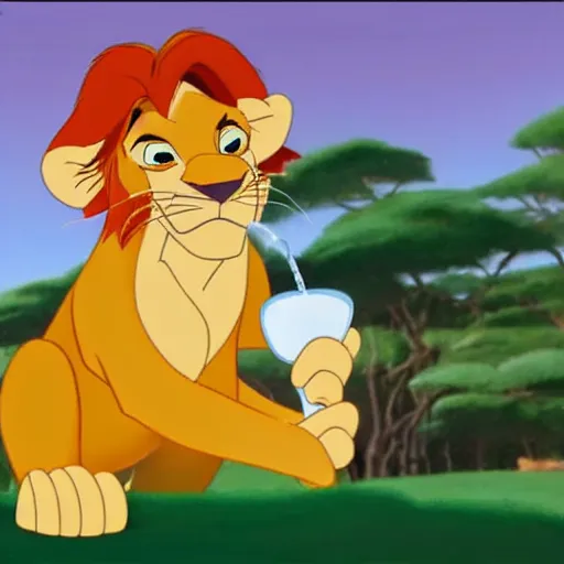 Image similar to Simba from The Lion King drinking water, disney cartoon.