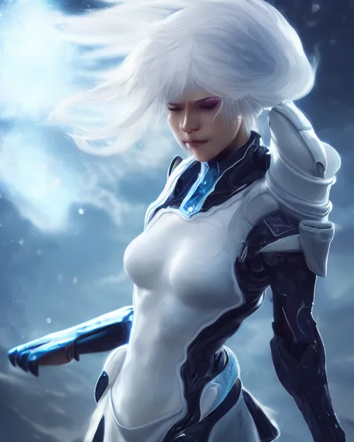 Image similar to perfect white haired girl, warframe armor, beautiful, pretty face, blue eyes, detailed, windy weather, scifi, platform, laboratory, experiment, 4 k, ultra realistic, epic lighting, high detail, masterpiece, by akihito tsukushi, charlie bowater, ross tran