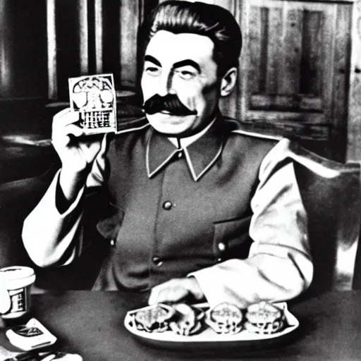 Image similar to joseph stalin enjoying a happy meal at mcdonald's