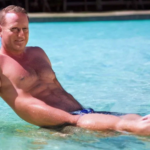 Image similar to photo of a 4 0 year old white man living the best life possible. he looks young for his age. women in bikinis can be seen behind him, it's as if he were in a music video and didn't know it.