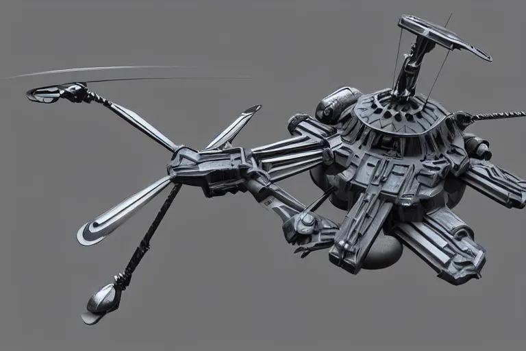 Image similar to concept art of a futuristic helicopter, in gunmetal grey, extremely symmetrical, blueprint schematics, top down view, bottom view, side view, aggressive panels, mecha inspired, russian chopper, minigun turret, robotic, highly detailed, artstation, pinterest, super realistic, houdini 3 d, octane render