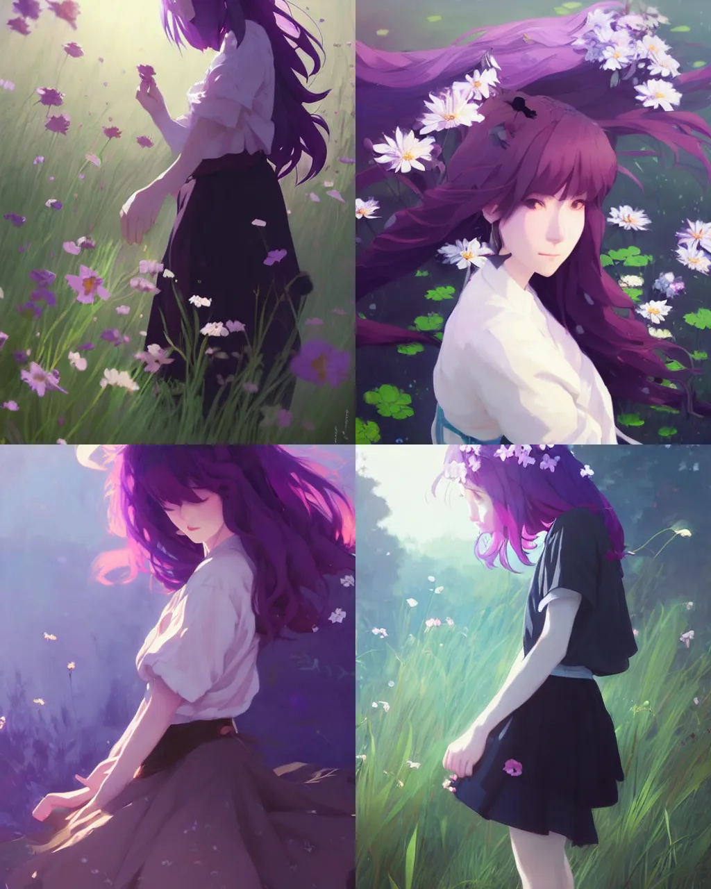 Prompt: girl with purple hair and black skirt, there are many flowers around, a beautiful portrait, top lighting, perfect shadow, soft painting, art by hidari and makoto shinkai and wenjun lin