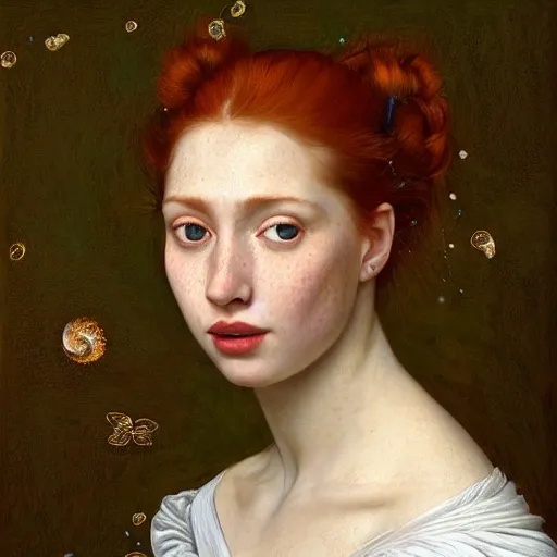 Image similar to a highly detailed, hyper realistic portrait with torso of a red haired young woman, white romantic dress with intricate details, among golden fireflies, long hair, green eyes, hint of freckles, round gentle face, cheeky smile, deep focus, elegant, smooth, sharp, golden ratio, digital painting, art by artemisia lomi gentileschi and caravaggio