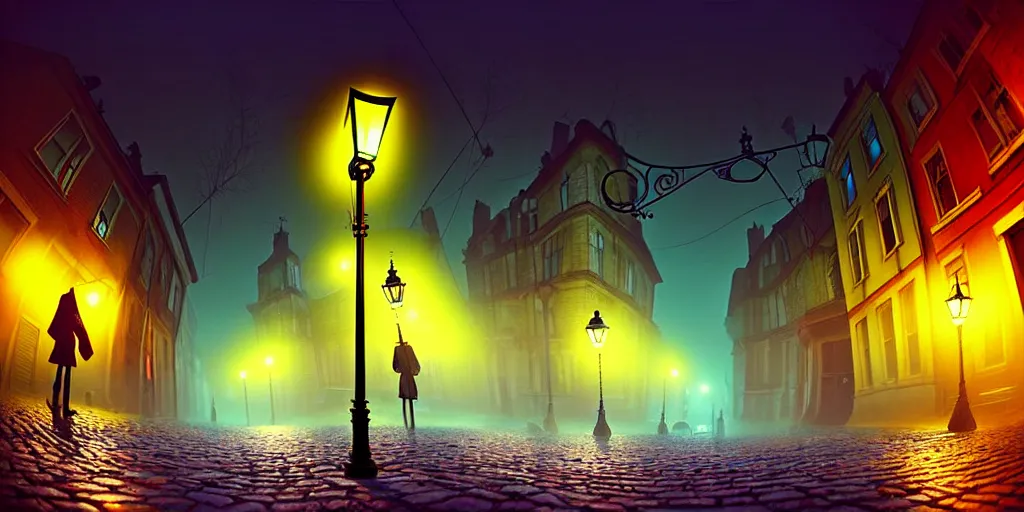 Image similar to curved perspective, extreme narrow, extreme fisheye, digital art of a night foggy street with victorian street lamps over cobblestone floor by anton fadeev from nightmare before christmas