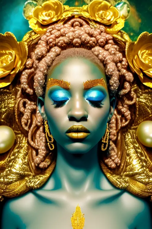 Image similar to hyperrealistic neo - rococo cinematic very beautiful! oshun goddess with gold eyes, water armor, bejeweled gold flowers, highly detailed digital art masterpiece, smooth etienne sandorfi eric zener dramatic pearlescent soft teal light, ground angle uhd 8 k, sharp focus