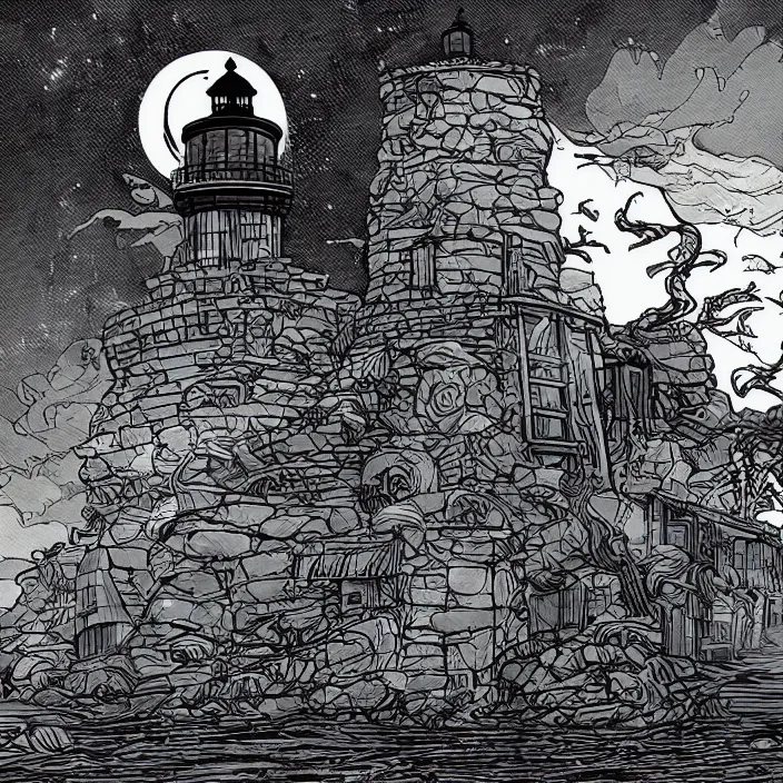 Prompt: the lighthouse of the necromancers, electronicpunk, digital illustration