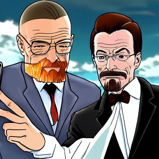 Image similar to walter white doing a selfie with phoenix wright, realistic, cool, nice, beautiful