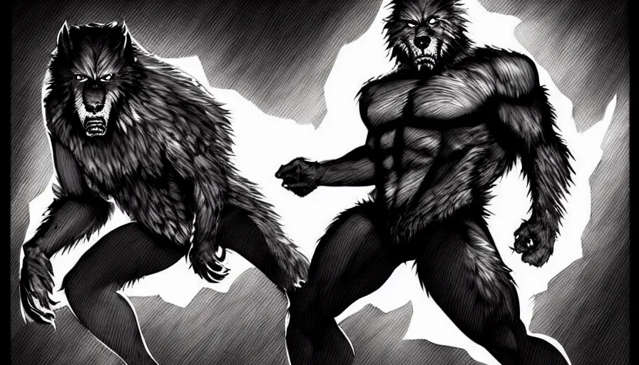 Prompt: in the style of artgerm, steve niles, rafael albuquerque, large hairy werewolf, shopping mall at night, horror scary terror