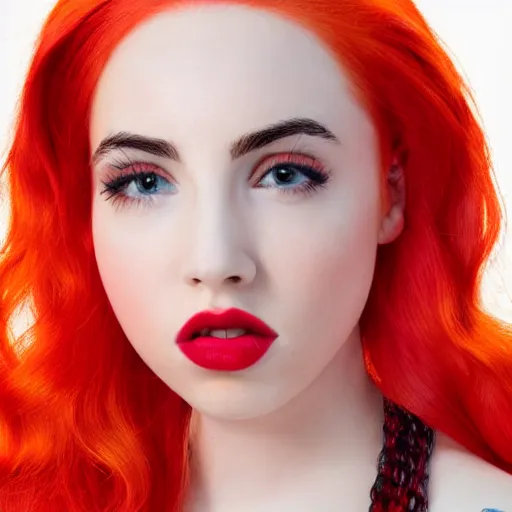 Image similar to ava max bright red hair photographed by charlotte rutherford, highly realistic. high resolution. highly detailed. 8 k. 4 k.