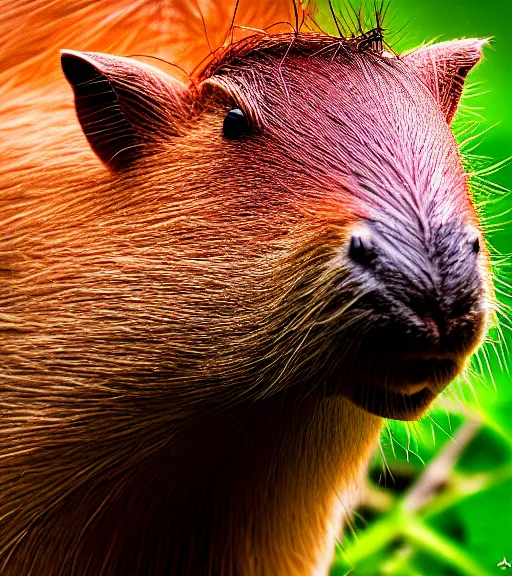 Prompt: award winning 5 5 mm close up portrait color photo of a capybara with pink slime oozing out of its nose, in a park by luis royo. soft light. sony a 7 r iv