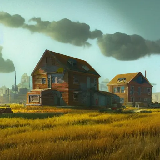 Image similar to some atompunk buildings with the sun shining through the clouds in utopia by Simon Stålenhag and Greg Rutkowski,In style of Grant Wood.hyper detailed,8K Resolution,unreal engine 5,epic lighting,Ray Tracing,highly realistic