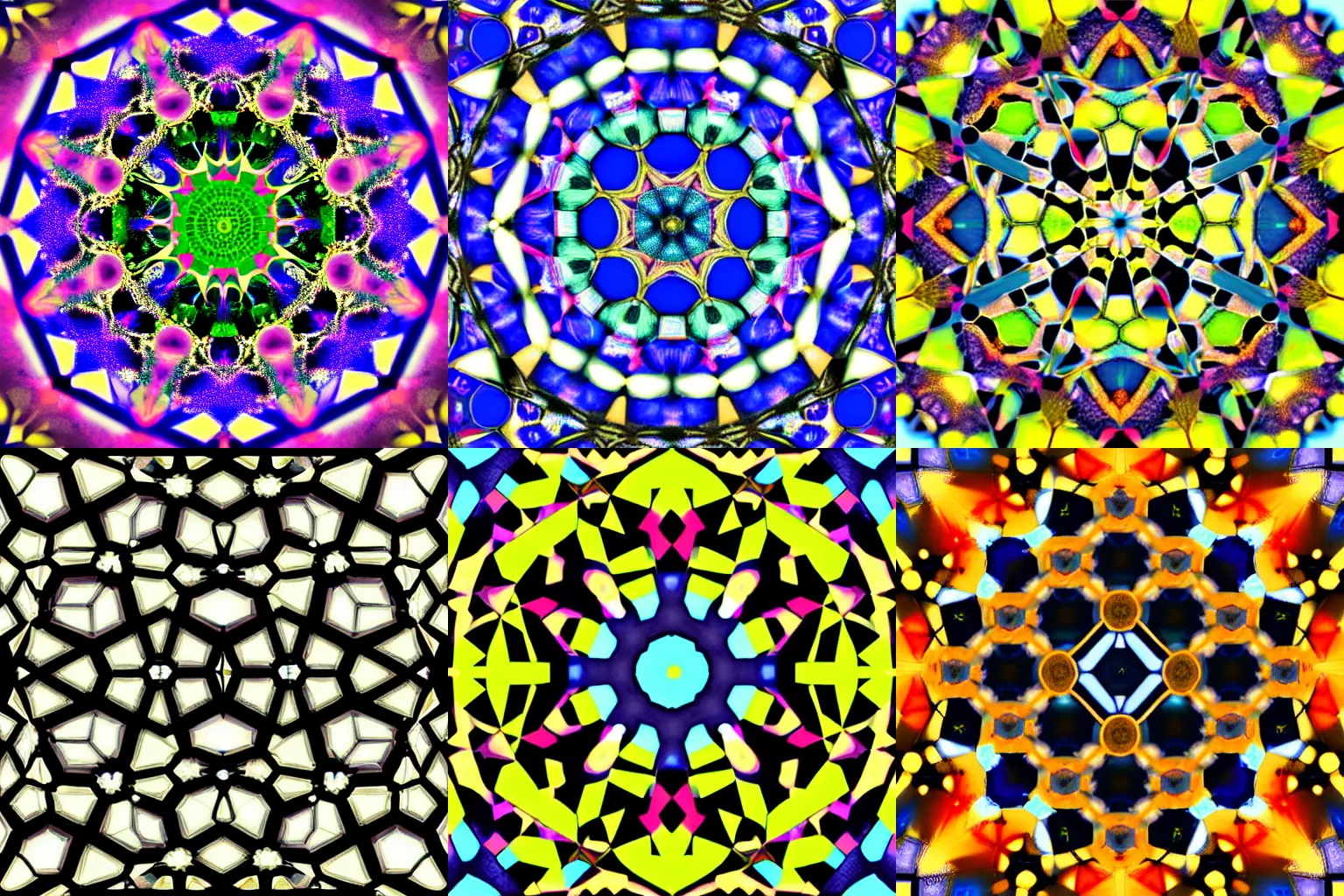 Prompt: view through kaleidoscope, hexagonal segments, fractals