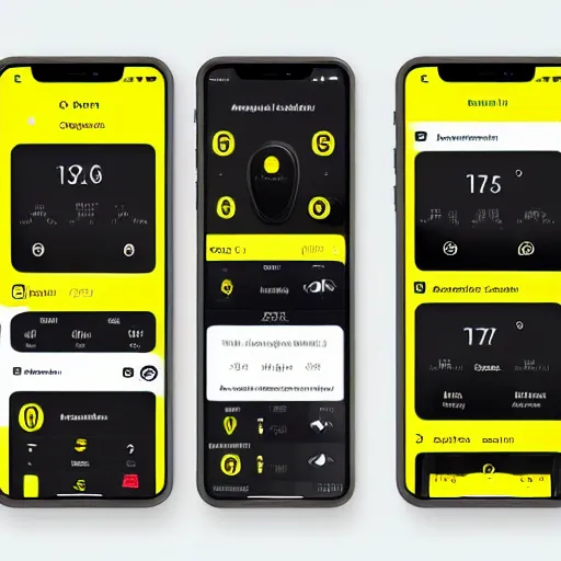 Prompt: a full ux layout of a connected car dashboard and marketplace mobile app for ios with a black and yellow theme. you can see the fuel levels / charge, you can see the washer levels, there is a lock and unlock button, very slick, ios 1 6, dynamic, rule of thirds