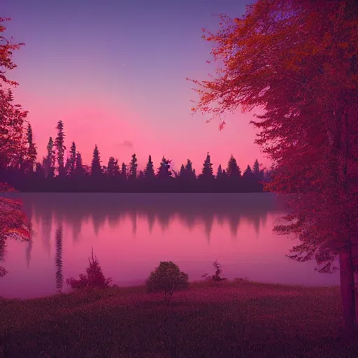 Image similar to the sun is setting over a lake surrounded by trees. a matte painting 3d octane render by Beeple, unsplash, digital art, synthwave, outrun, retrowave, rainbow, pastel colors